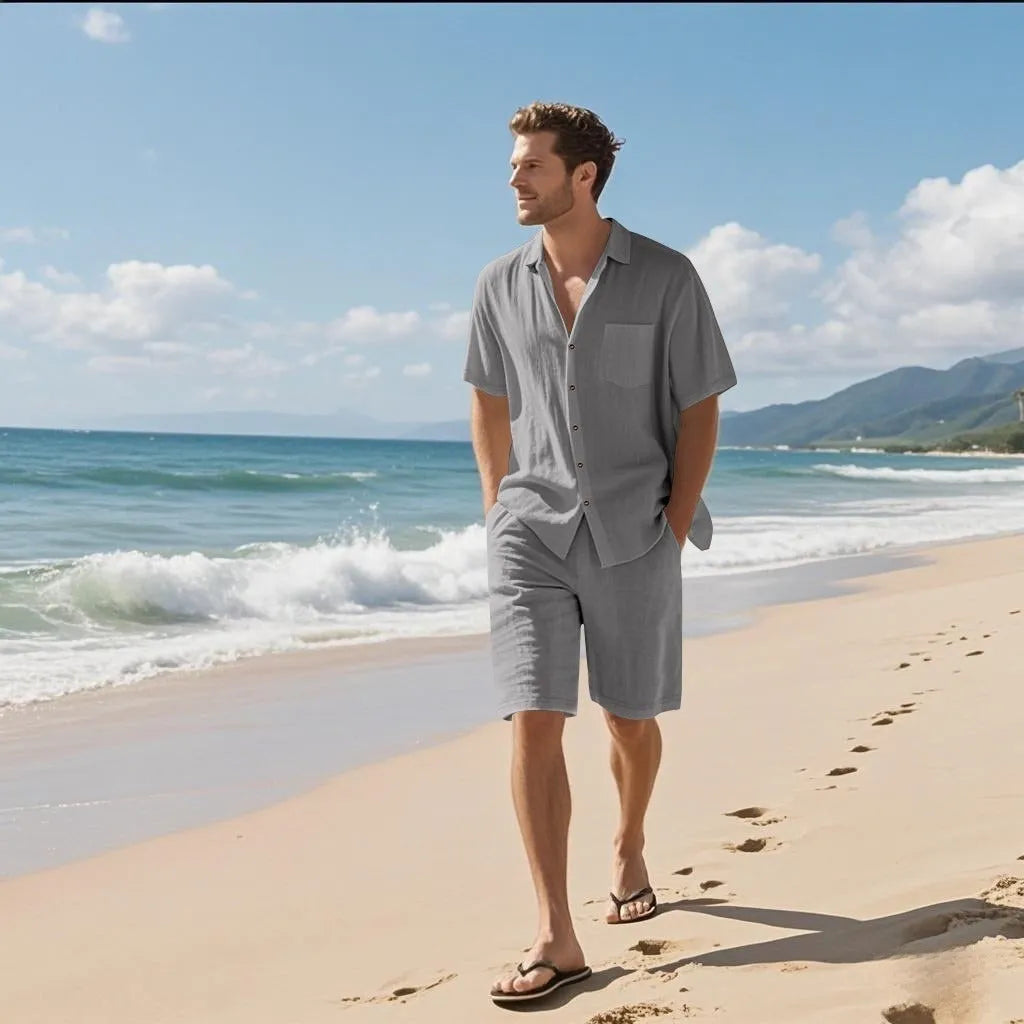 Linen and hemp blend short sleeve beach suit in light blue with matching shorts.