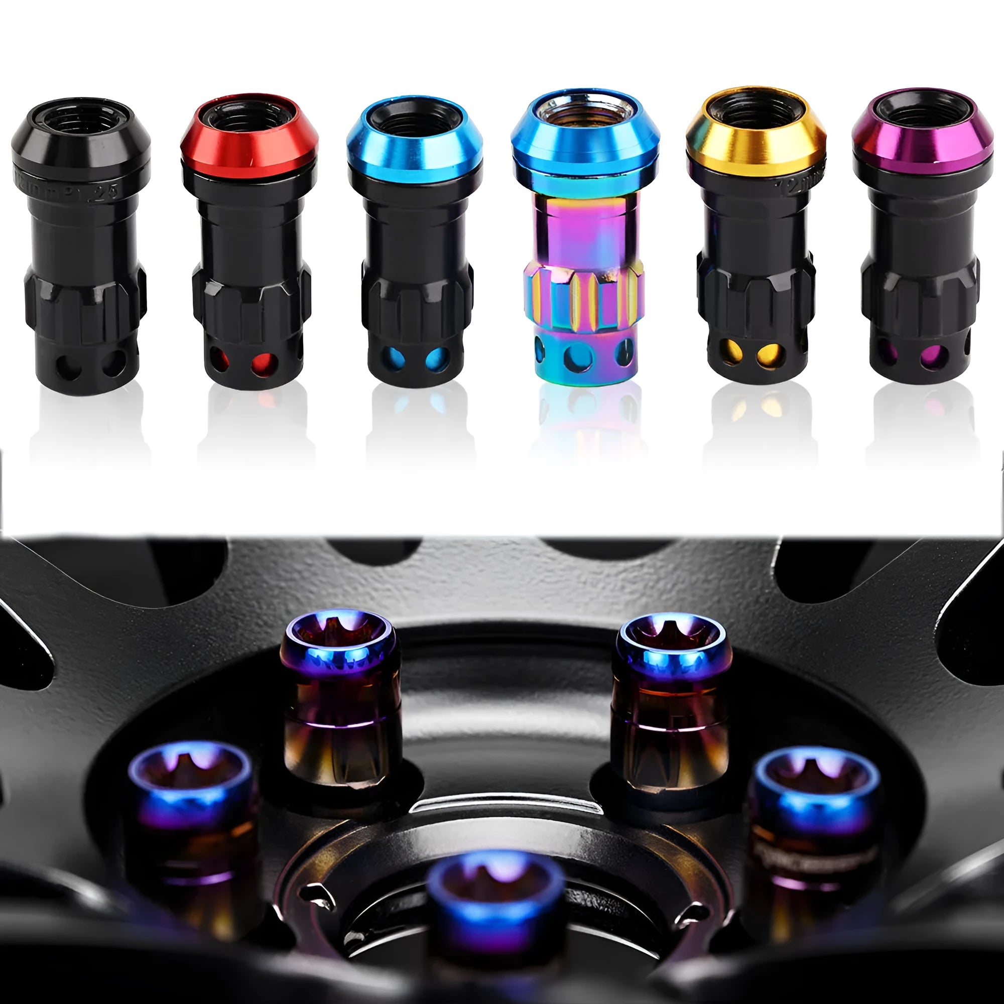 Set of aluminium alloy flat head wheel nuts in various colour combinations including black gold and blue.
