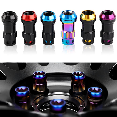 Set of aluminium alloy flat head wheel nuts in various colour combinations including black gold and blue.