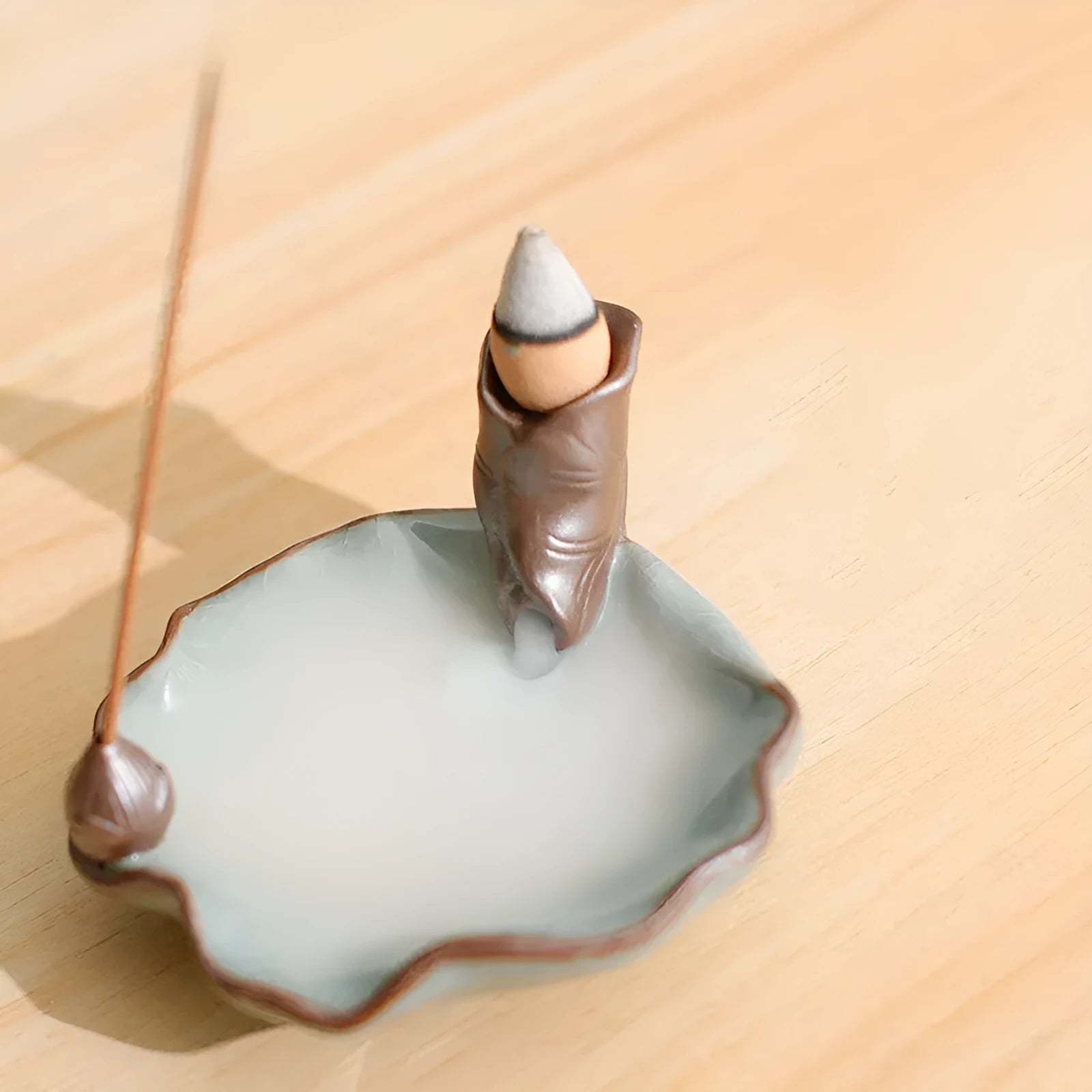 Purple clay ceramic incense burner with reverse flow design and crystal glaze decorations