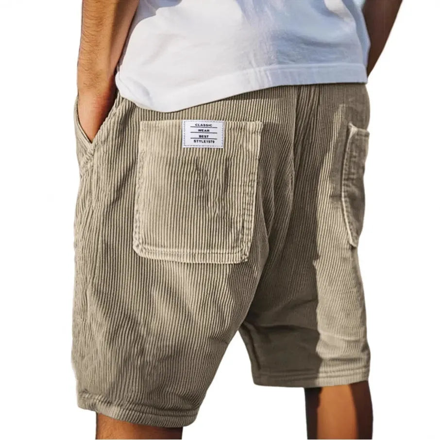 Men's grey corduroy shorts with multiple pockets and embroidery detail, straight-leg summer design
