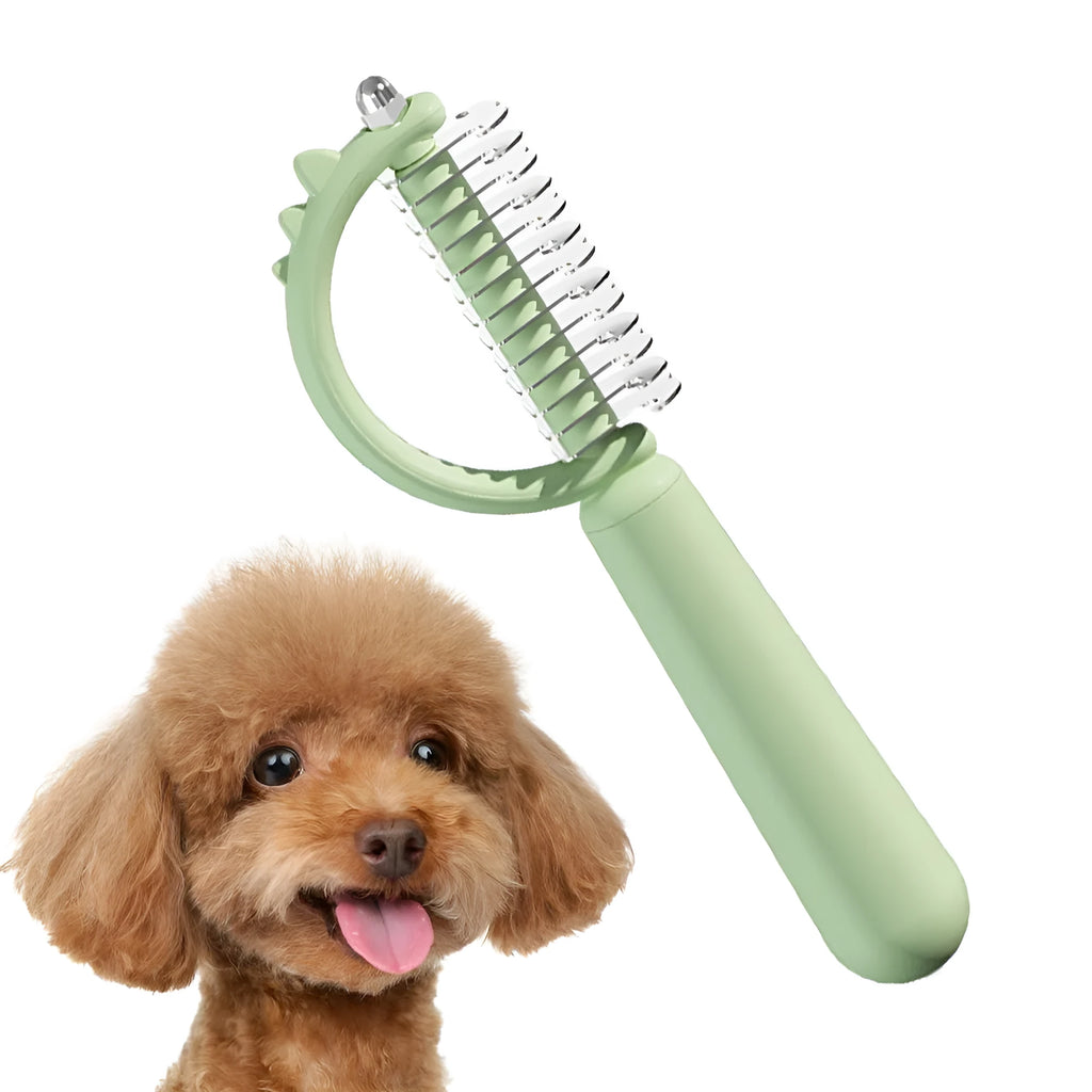 Blue dinosaur-shaped self-cleaning cat brush with double-sided stainless steel slicker pins.