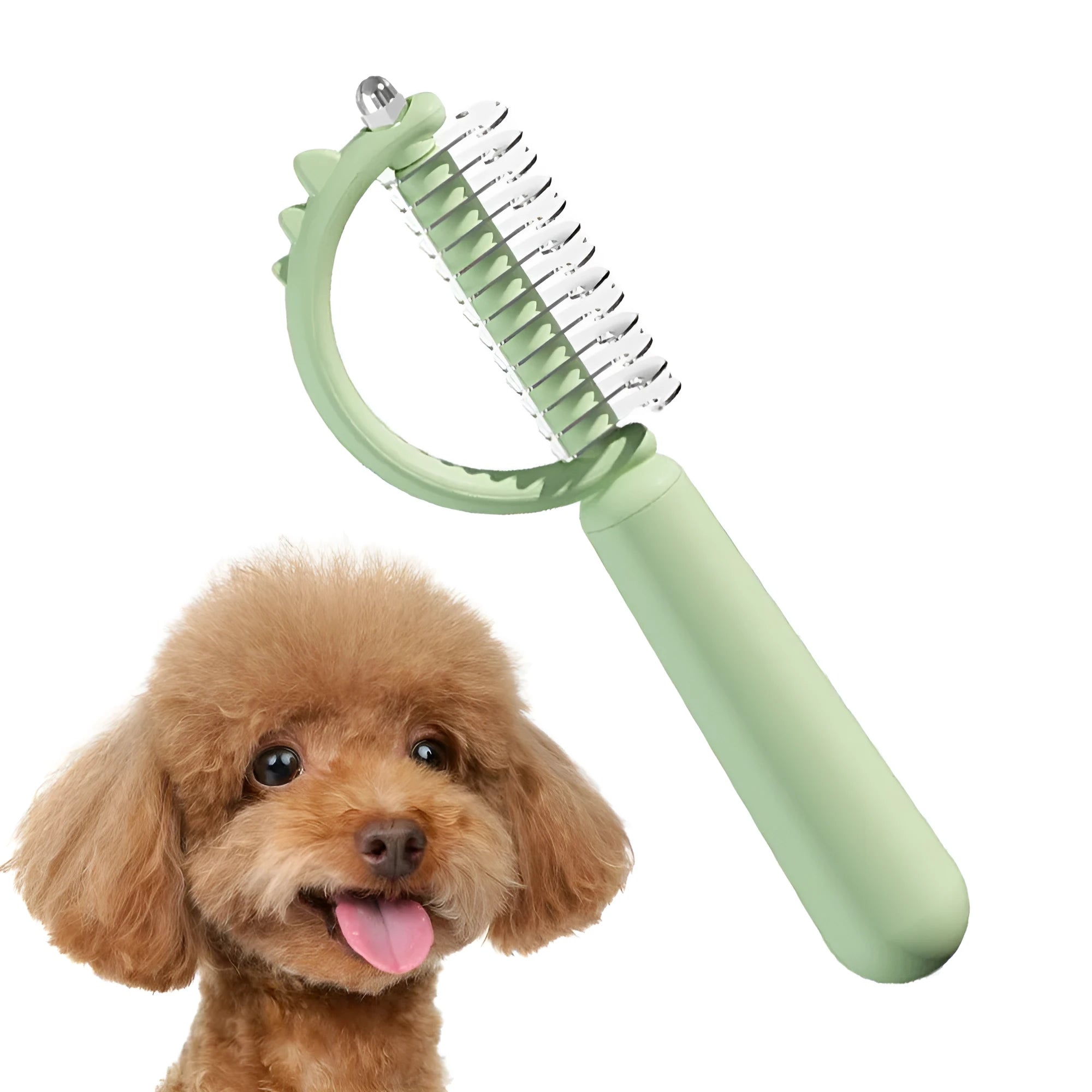 Blue dinosaur-shaped self-cleaning cat brush with double-sided stainless steel slicker pins.