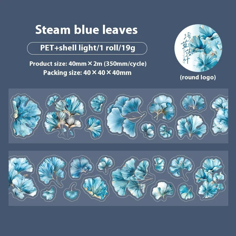 Roll of PET decorative stickers with six leaf patterns including ginkgo and maple designs for DIY projects