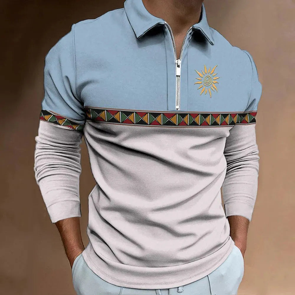Men's loose fit long sleeve t-shirt with retro colour printing and stripe pattern, showing zip detail on sleeve.