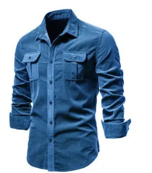 Men's blue linen long-sleeve casual shirt showing front view on hanger.