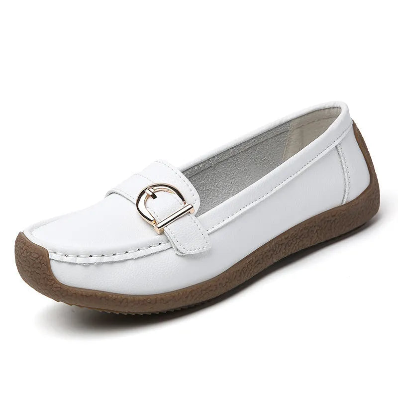 Women's casual loafers in artificial PU with beef tendon sole, round toe, and flat heel in five colour options