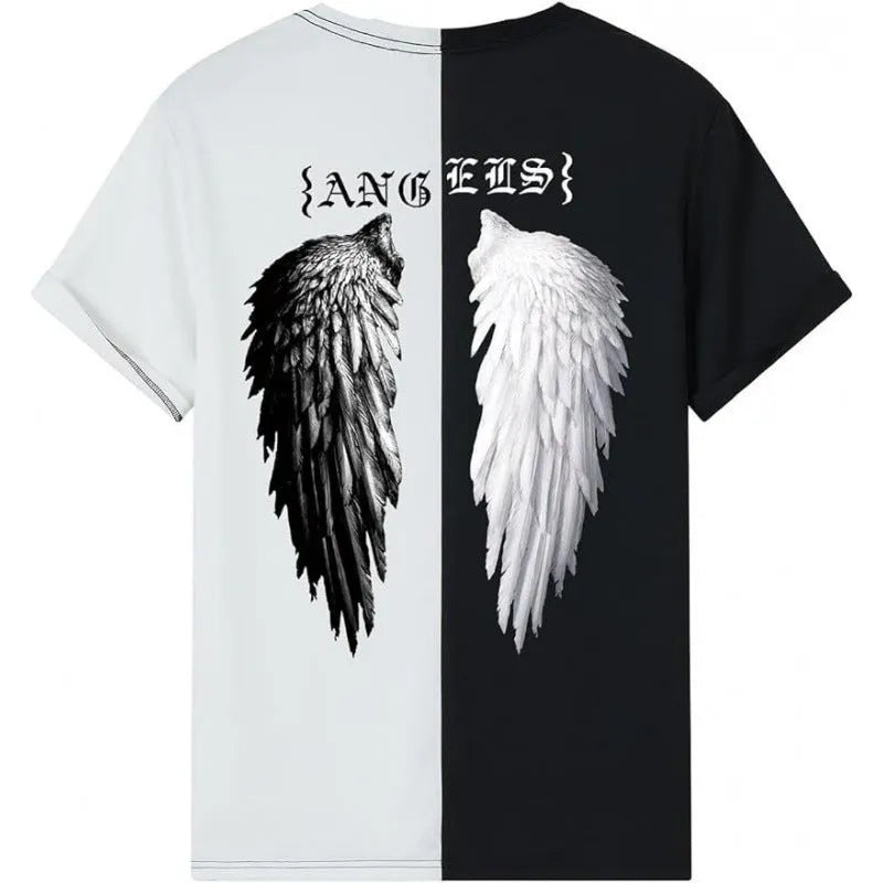 Men's short-sleeved printed sports t-shirt in a casual streetwear style, showing digital print detail.