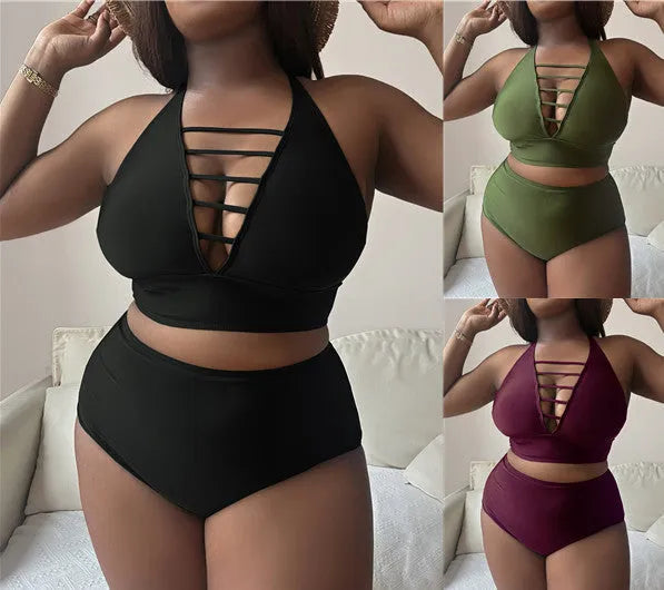 Plus size high waist halter bikini set in solid color with adjustable cross straps and backless design