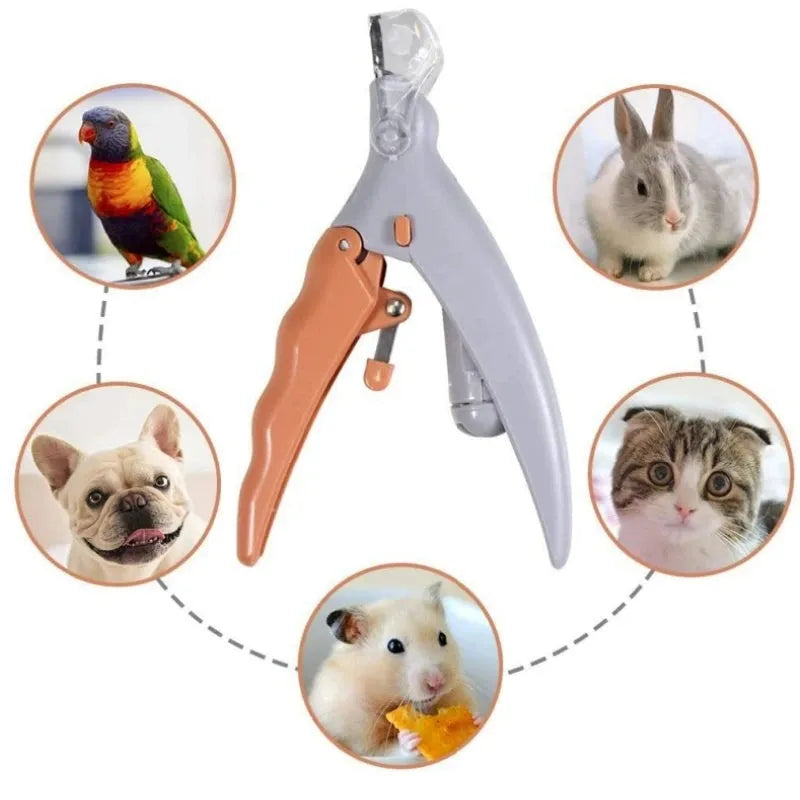 Yellow pet nail clippers for dogs and cats with built-in LED light and magnifying glass
