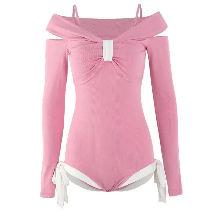 Women's long sleeve one-piece swimsuit in polyester fabric, available in pink or black colour with figure-flattering summer design