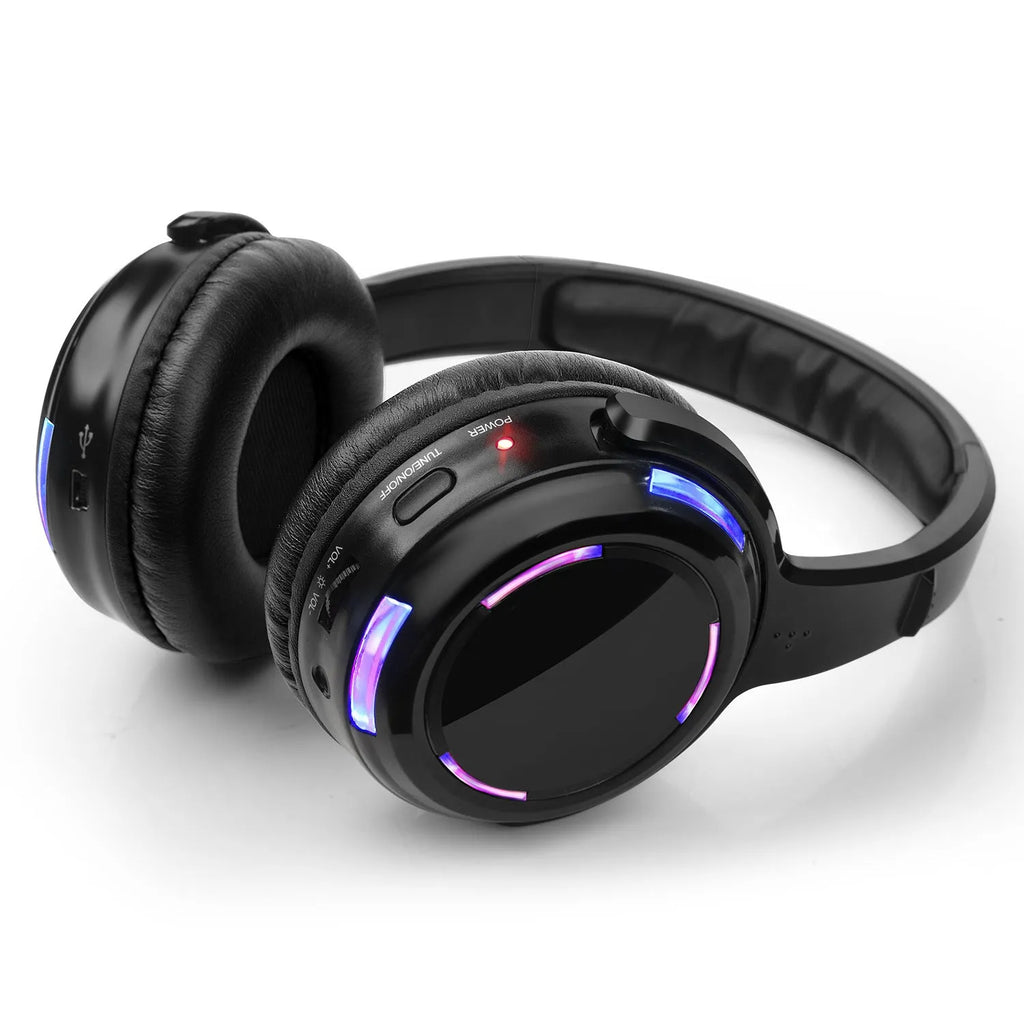 Black silent disco wireless headphones with 40mm speakers and 3 metre cable for silent party events