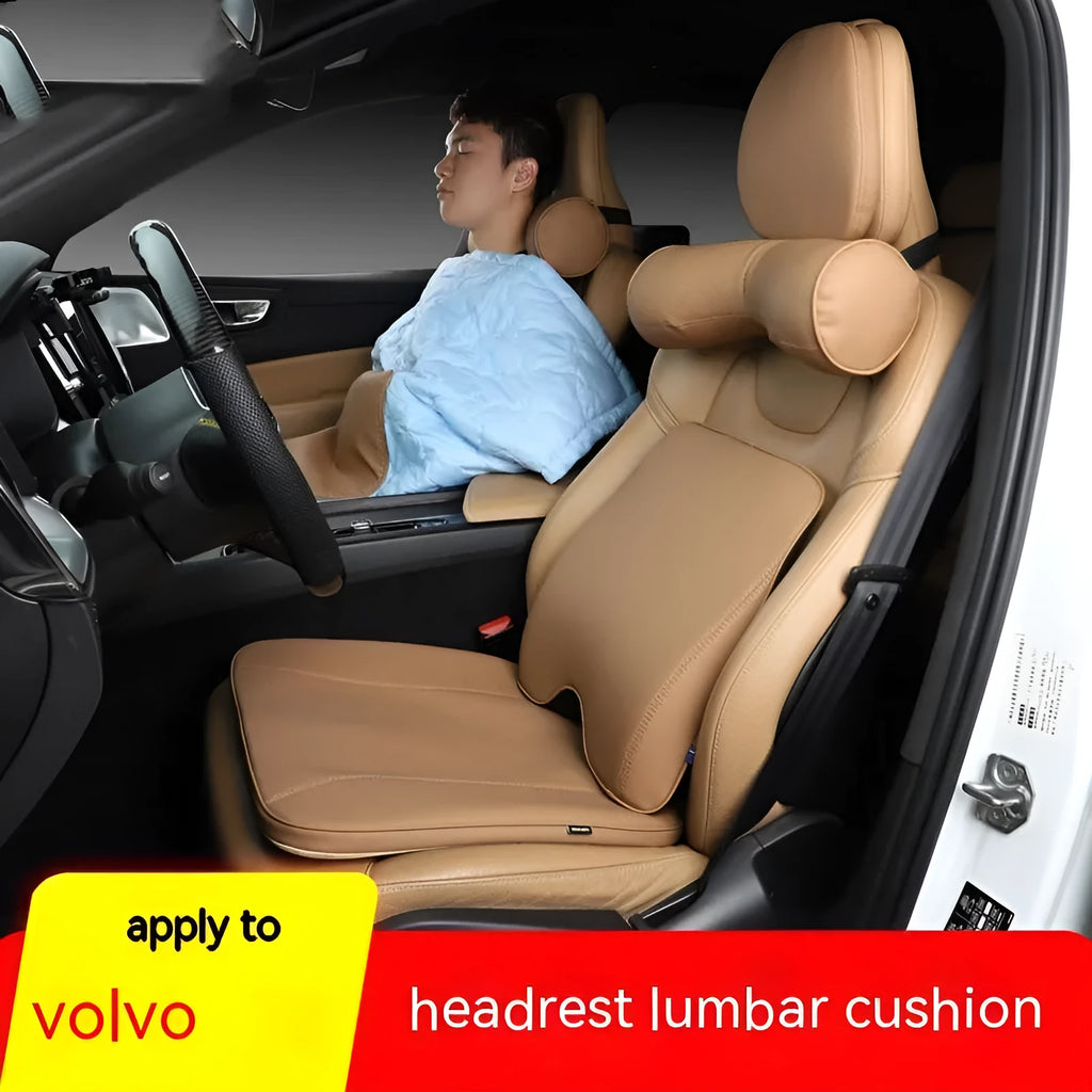 Minimalist brown synthetic fibre car headrest and support cushions for Volvo vehicles
