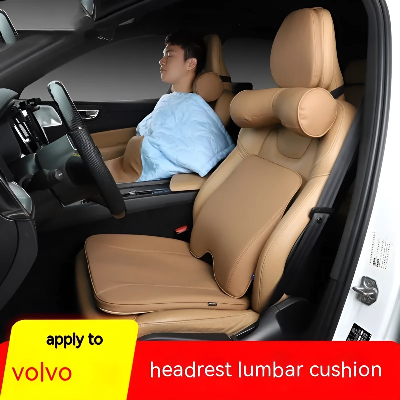 Minimalist brown synthetic fibre car headrest and support cushions for Volvo vehicles