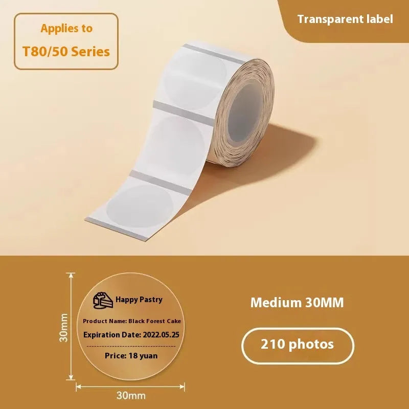 Transparent waterproof adhesive stickers in multiple sizes including rectangular and circular formats on thermal synthetic paper