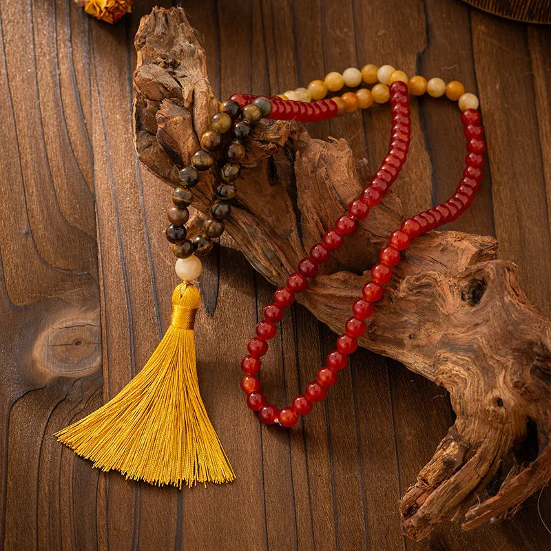 Vintage tassel bohemian style long necklace with geometric stone beads and matching bracelet