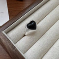 S925 sterling silver ring with black heart agate stone and adjustable open mouth