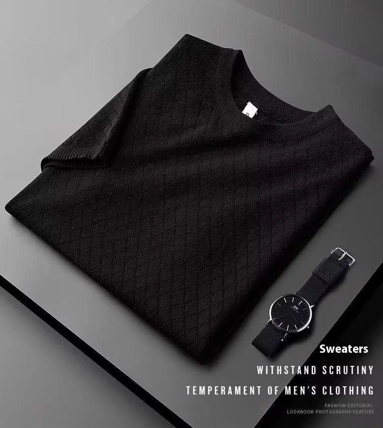Men's plus size ice silk V-neck t-shirt with Korean style cut-out design in black colour