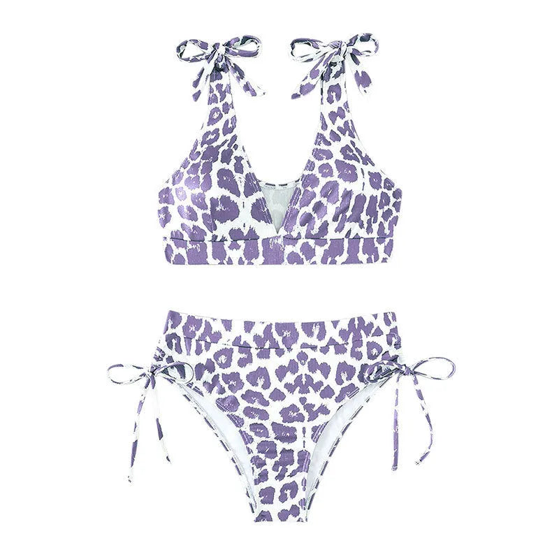 Women's purple leopard print sleeveless lace-up crop top and high-waist shorts two-piece suit set