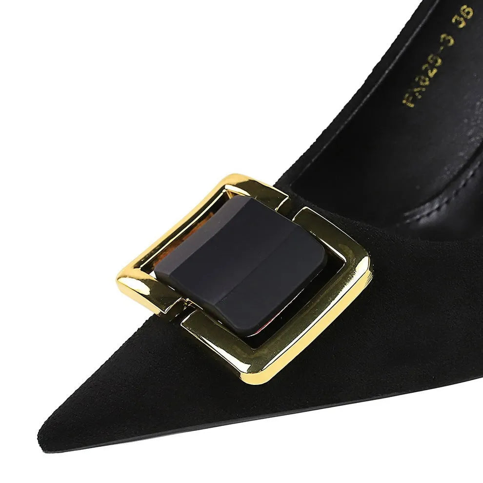 Black suede women's stiletto court shoes with a 9cm high heel and pointed toe