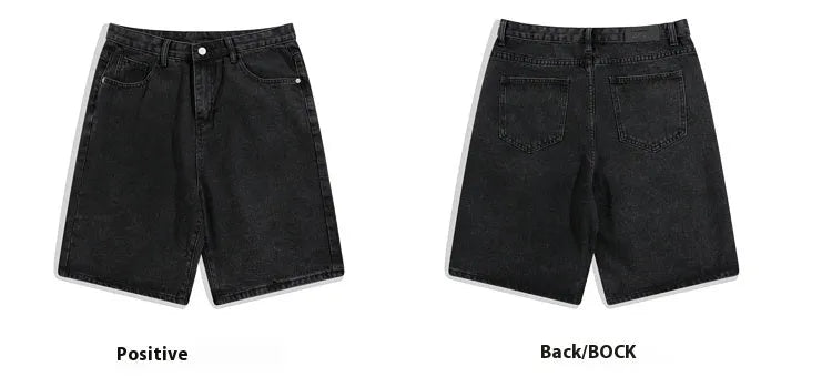Men's light blue denim shorts showing five-pocket straight-leg design on a mid-rise waist
