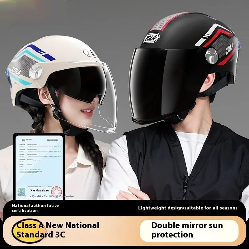 Battery-powered motorcycle half helmet with LED lights and double mirror visor in light brown colour