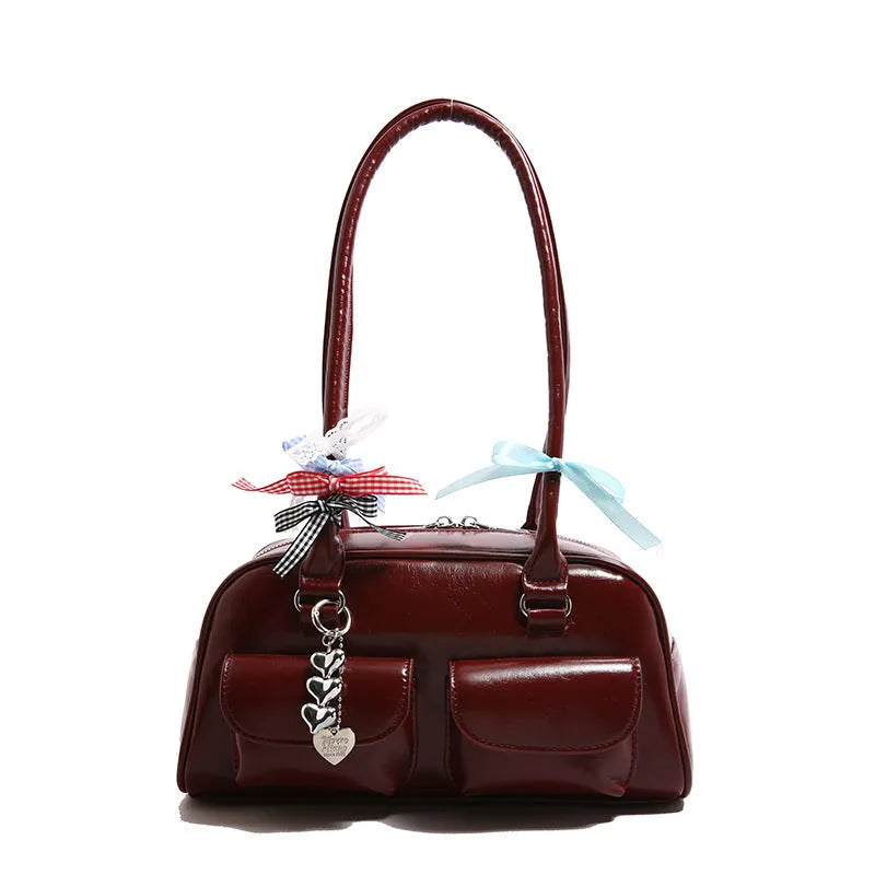 Women's PU leather retro pillow-shaped handbag with double shoulder straps in black colour
