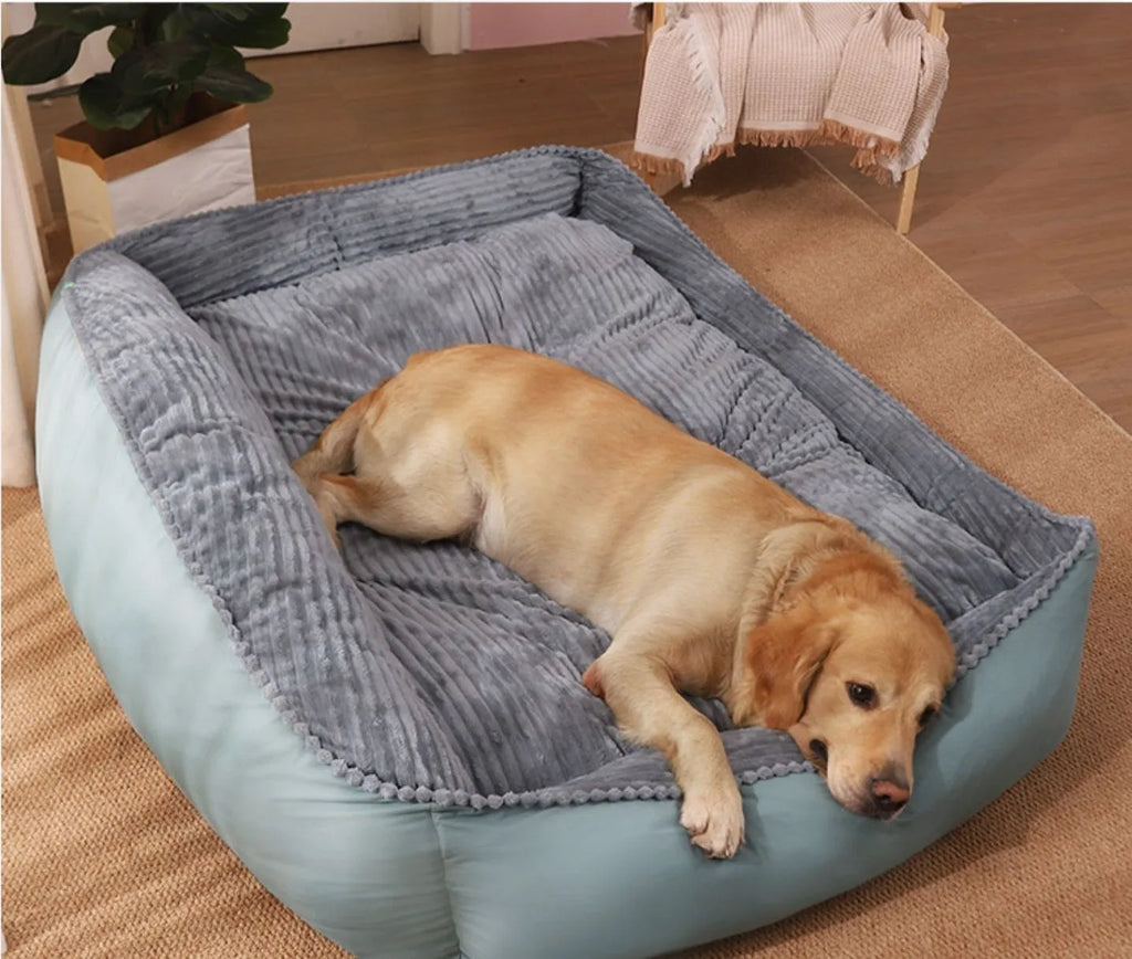 Winter warm removable washable dog kennel bed in Light Green with velvet and imitation leather construction