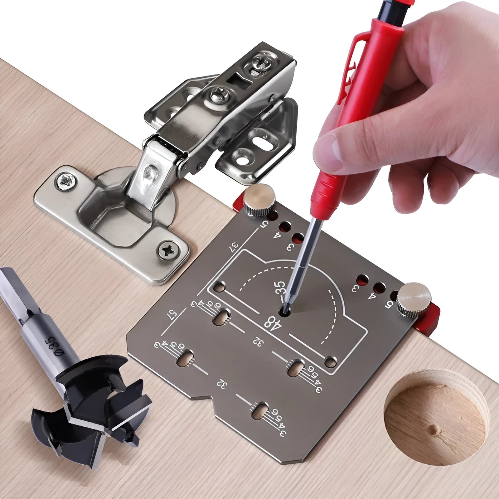 Aluminium alloy 35mm hinge locator tool with adjustable margin settings for cabinet installation.