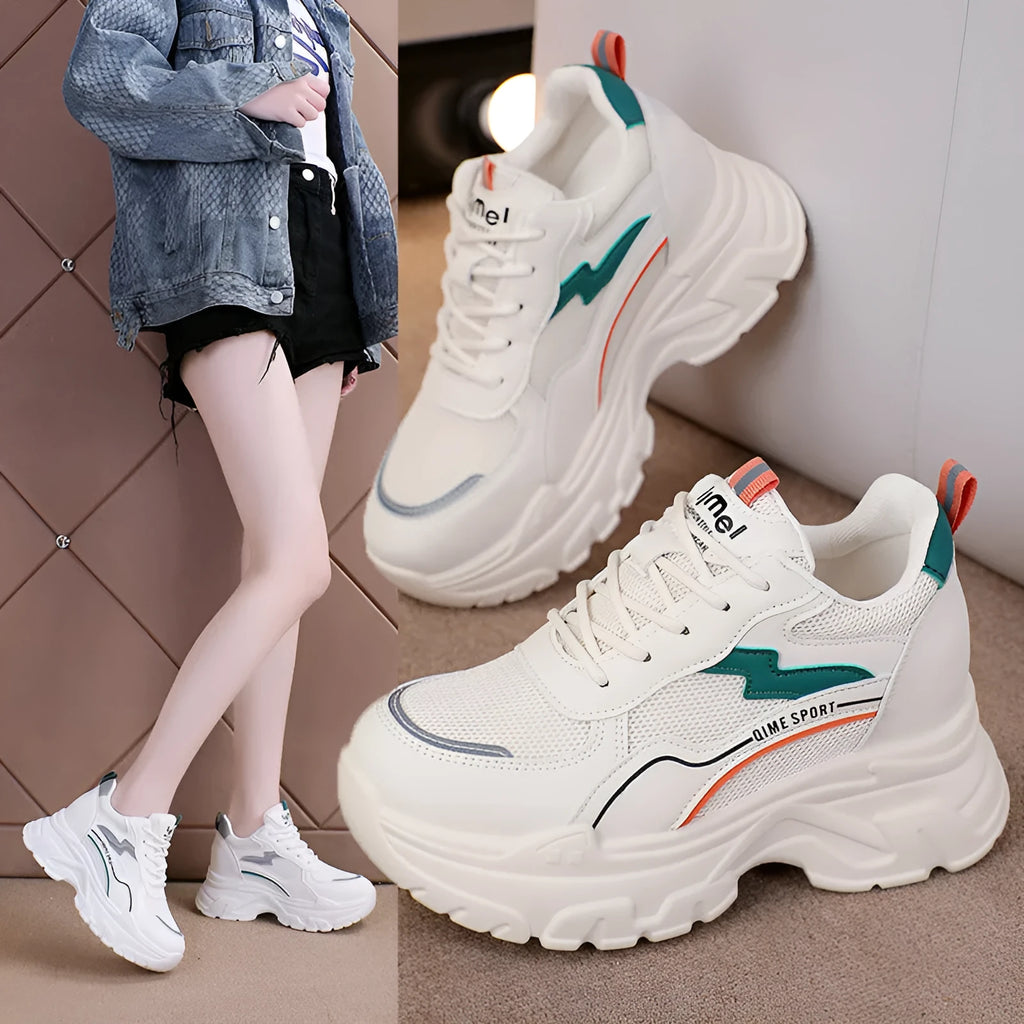 Women's white sports shoes with cross shoulder straps and height increasing insoles