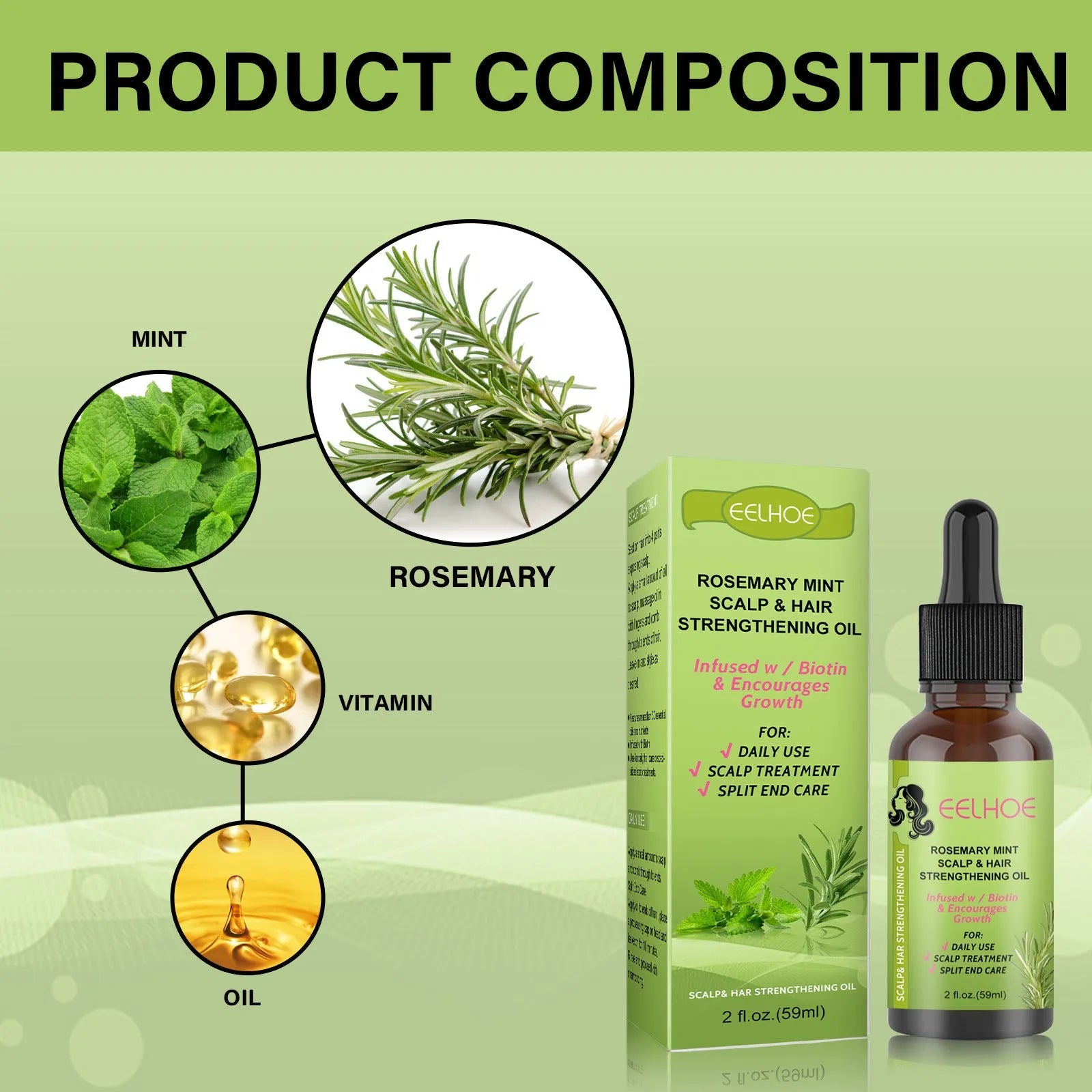 59ml bottle of rosemary mint hair growth fluid for scalp massage and nourishment