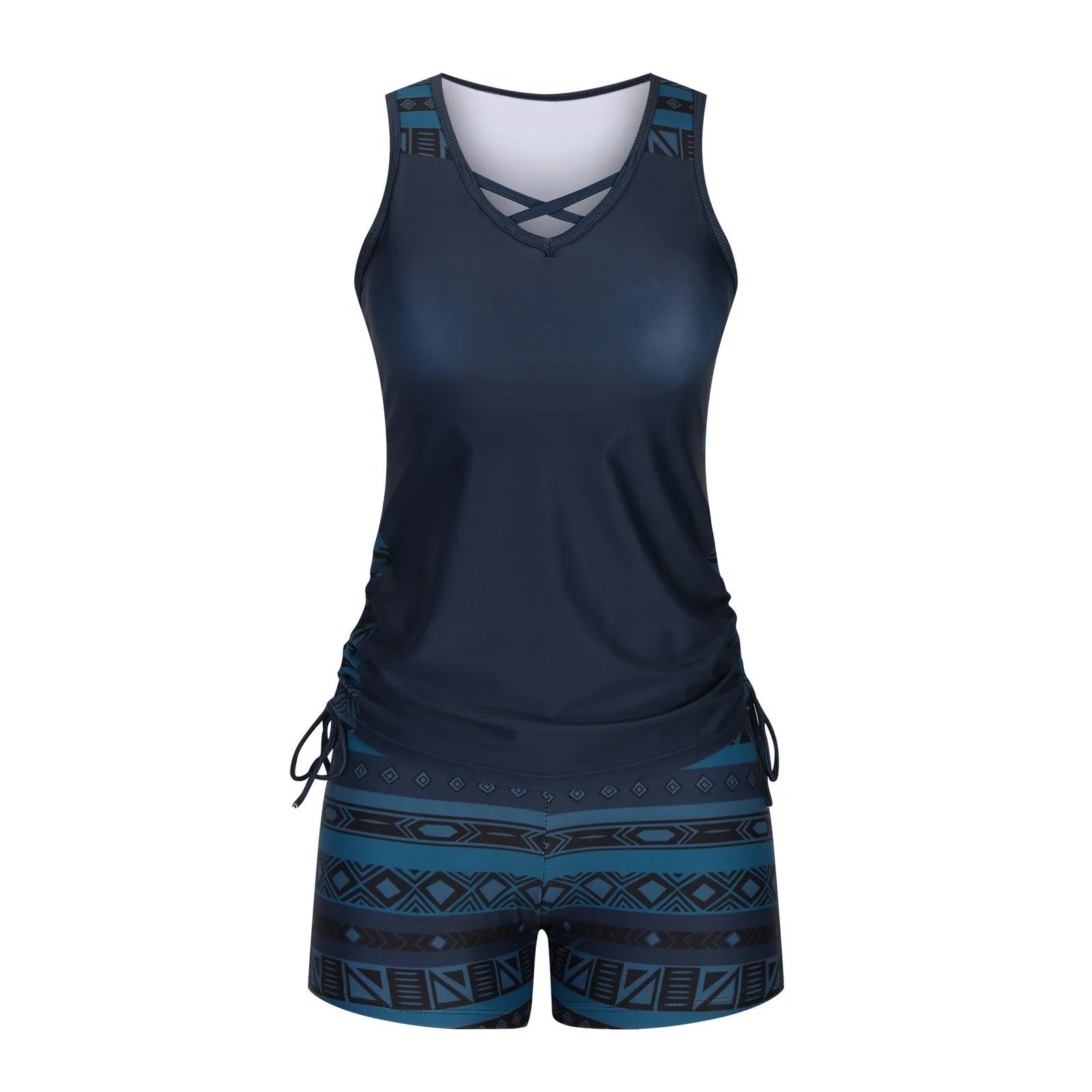 Women's blue printed lace two-piece swimsuit with floral pattern