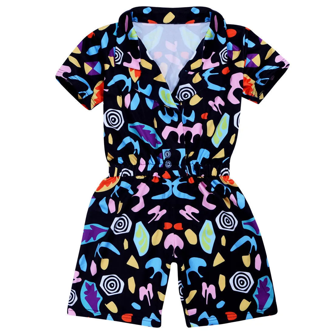 Girls cotton cartoon short sleeve jumpsuit in black, available in six height sizes from 120cm to 170cm
