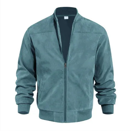 Man wearing a men's plus size suede casual jacket in army green with a zipper front.