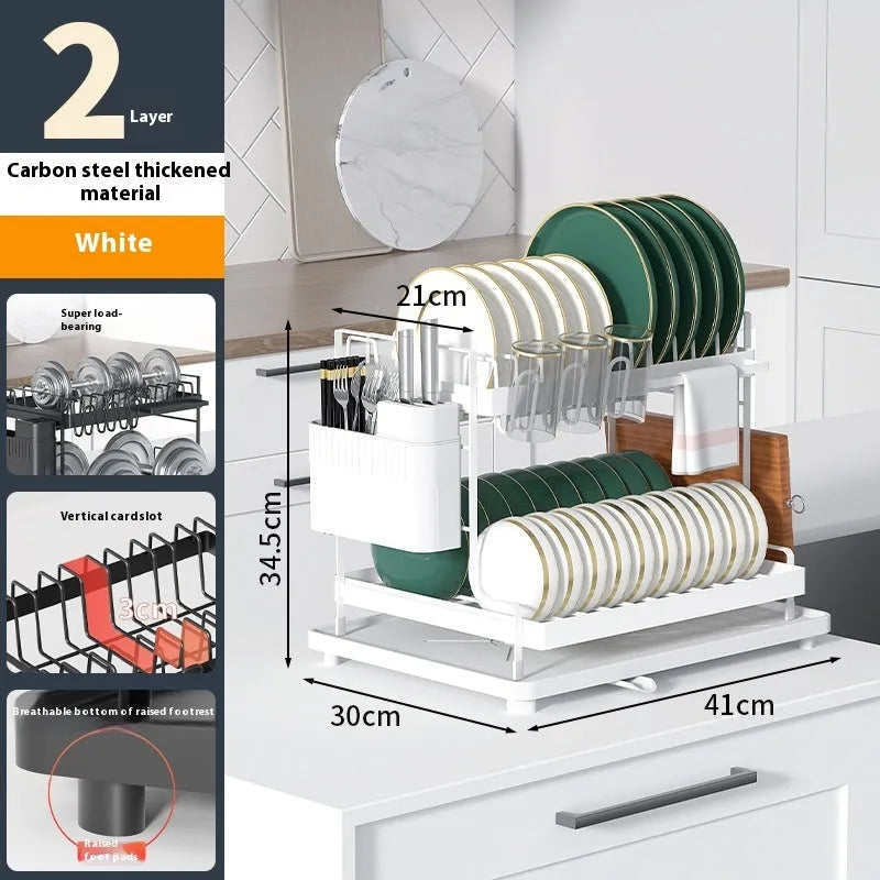 White carbon steel kitchen storage rack with removable draining tray and double-layer design