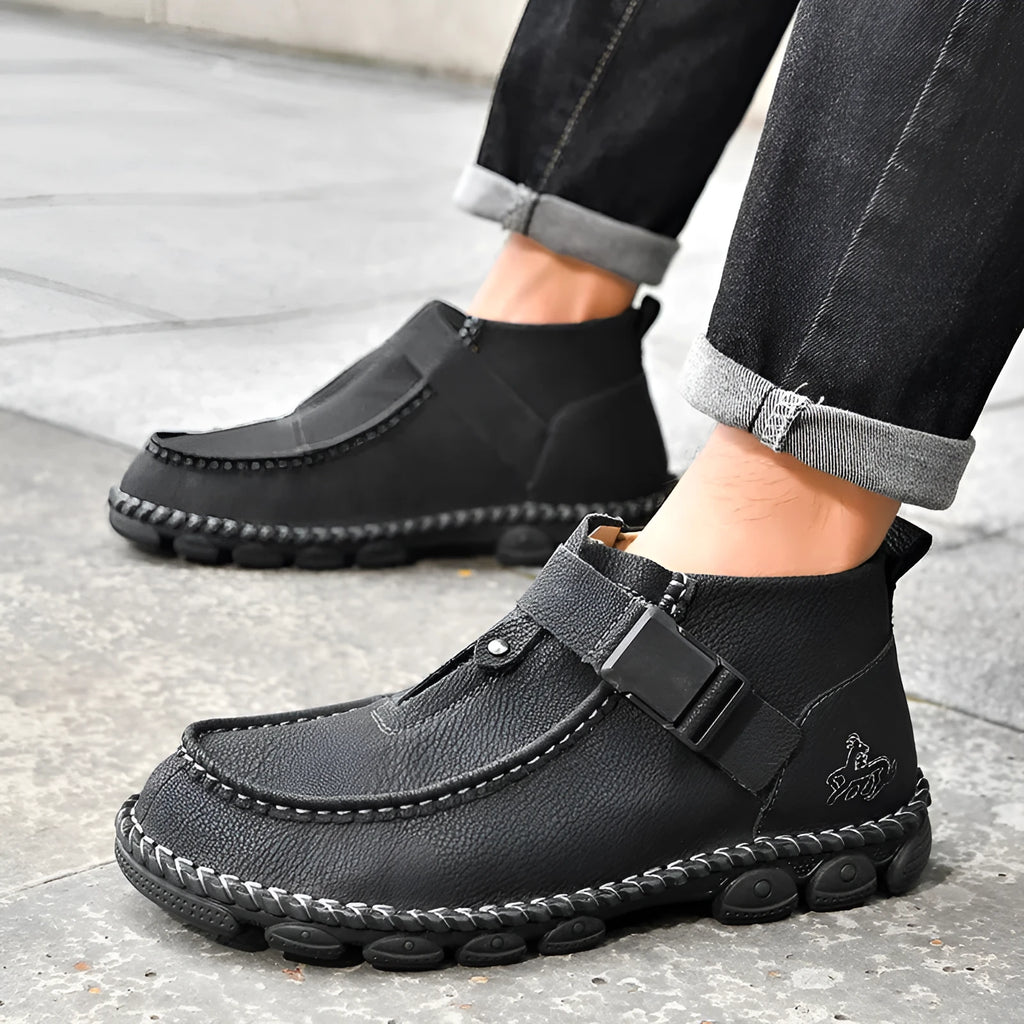 Handmade sewing casual slip-on flat shoes in black, brown, and green PU leather.