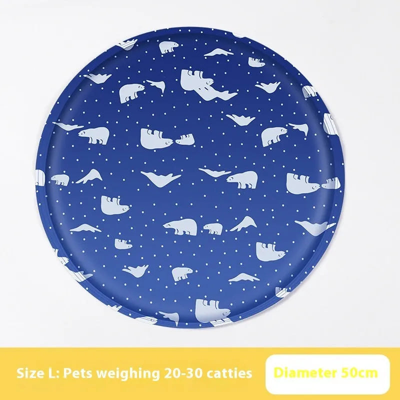 Round cloth pet cooling mat with cartoon bunny design, shown in beige colour.