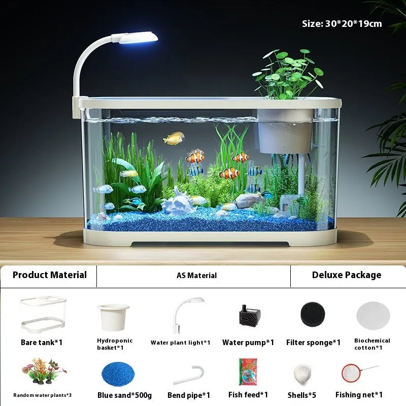 Desktop smart fish tank with integrated ecological filter system in luxury white finish
