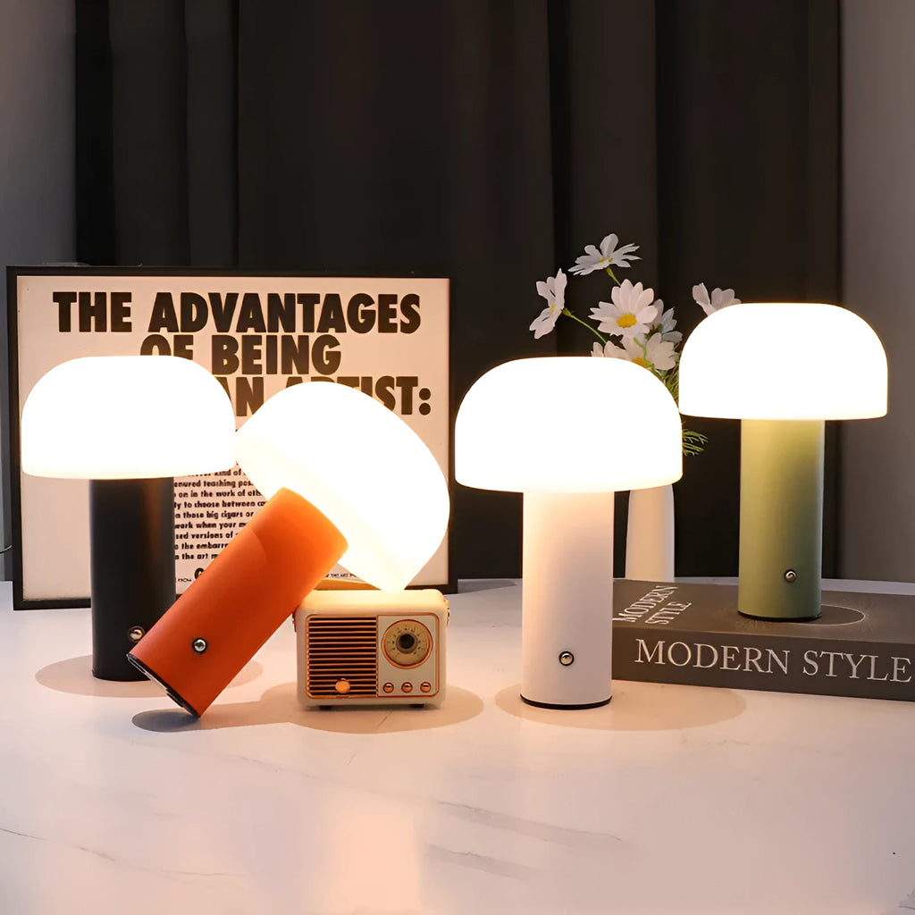USB dual-purpose table lamp in black, green, orange or white with plug-in and charging functionality