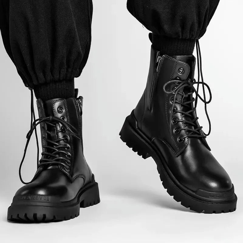 Men's black mid-top waterproof PU leather boots with a flat rubber sole.