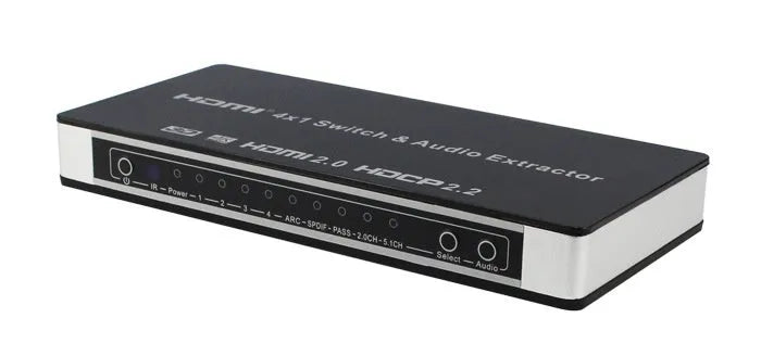 Black 4 input 1 output HDMI audio video switch with remote control on a table