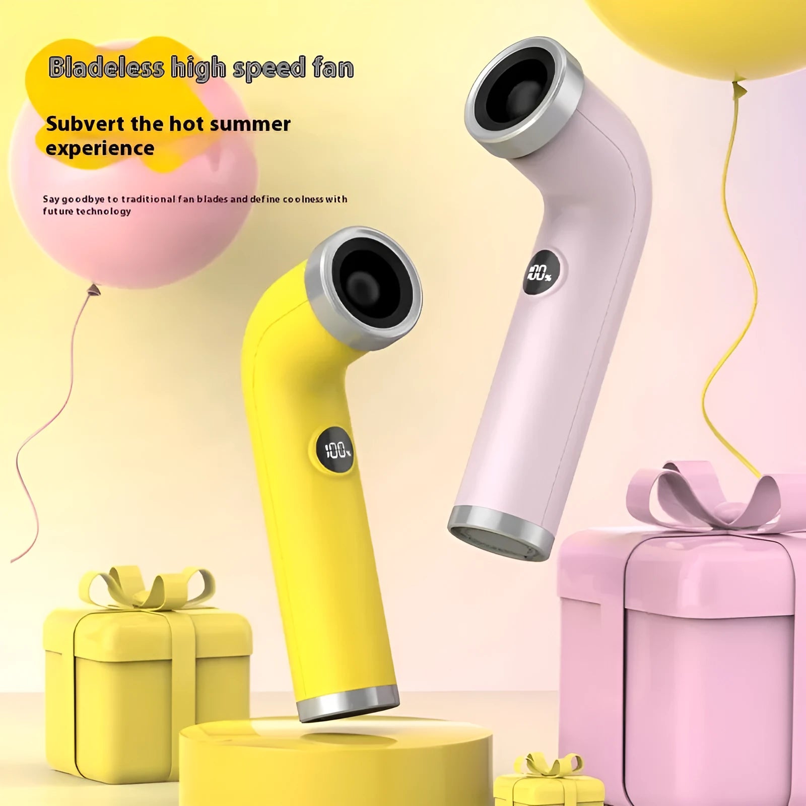 Bladeless turbine fan in apricot colour with lithium battery power