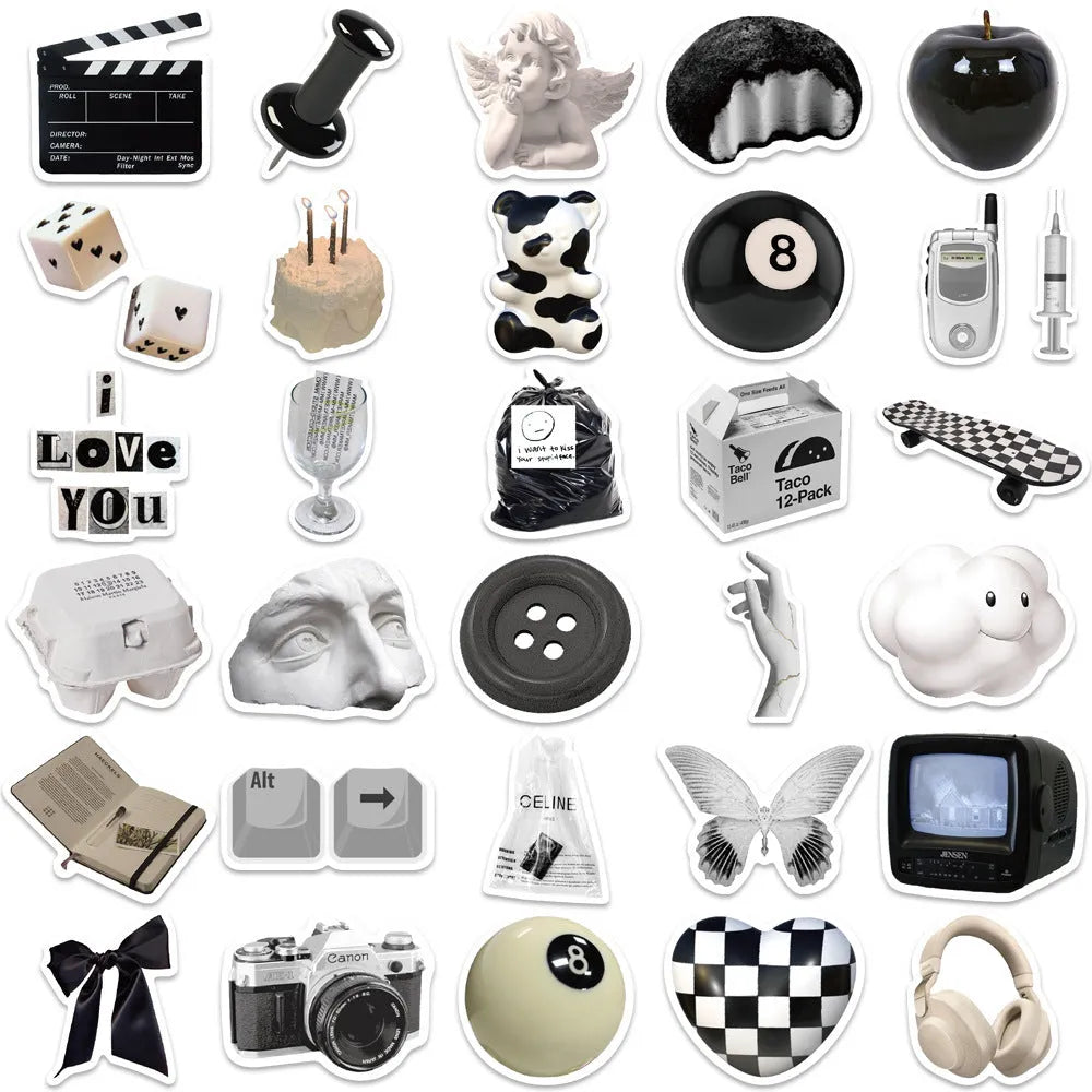 Black and white PVC waterproof sticker set with 61 pieces for laptop and phone decoration