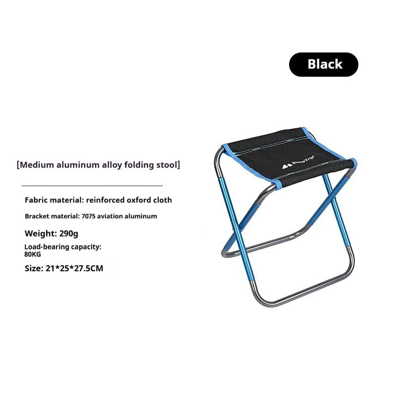 Black aluminium alloy folding camping stool shown in folded and unfolded positions.