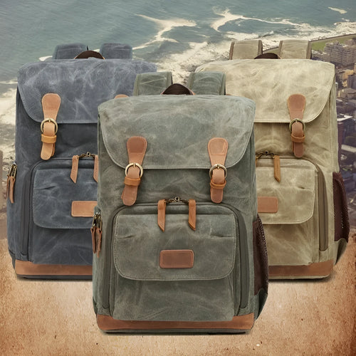 Canvas DSLR camera backpack in khaki colour with waterproof anti-theft features