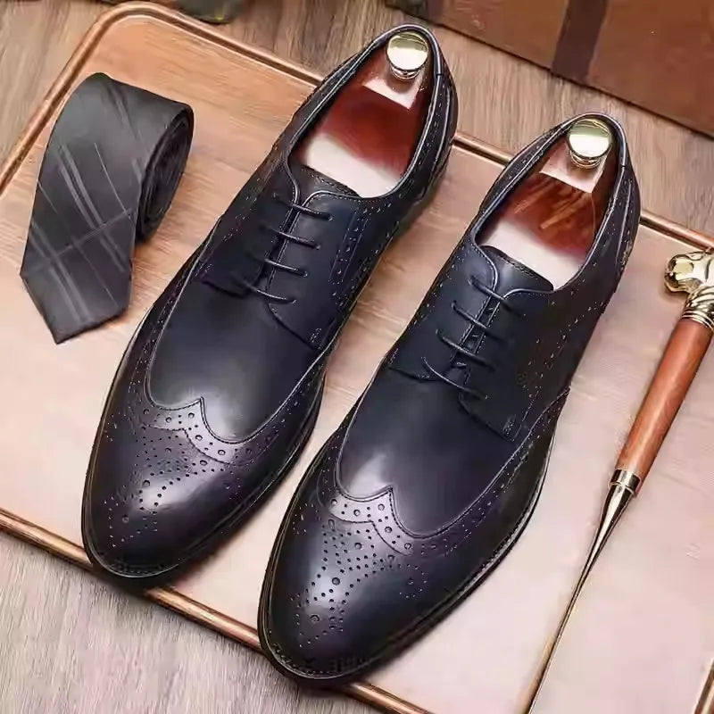 Men's burgundy British Brock pointed toe formal leather shoes on a white background.