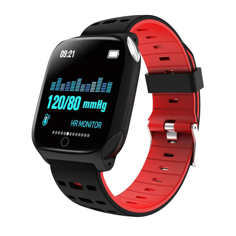 F16 Smart Watch with ECG monitor on a black and green silicone wristband, showing the display.
