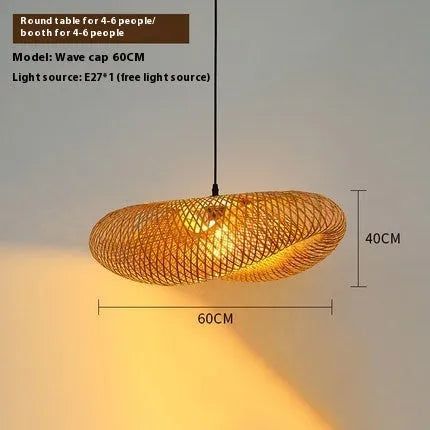 Bamboo straw hat-shaped hanging pendant lamp with woven construction in three diameter sizes