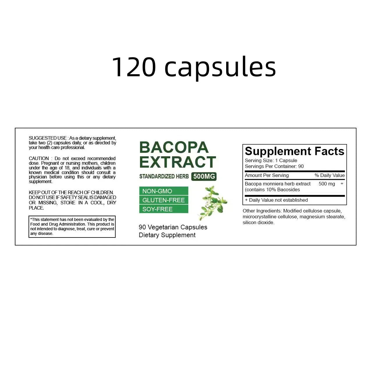 Brahman Ginseng Extract Capsules bottle with Bacopa monniera herb supplement 60 90 120 capsules
