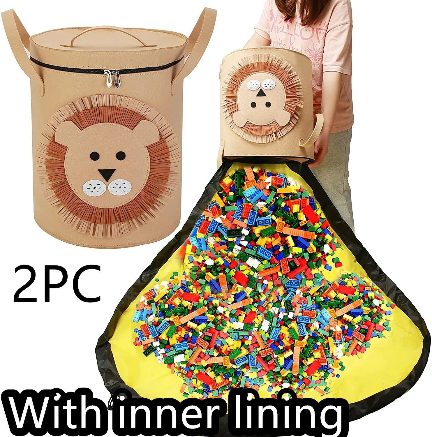 Green cube-shaped felt storage bag with pull rope lying flat as a play mat.